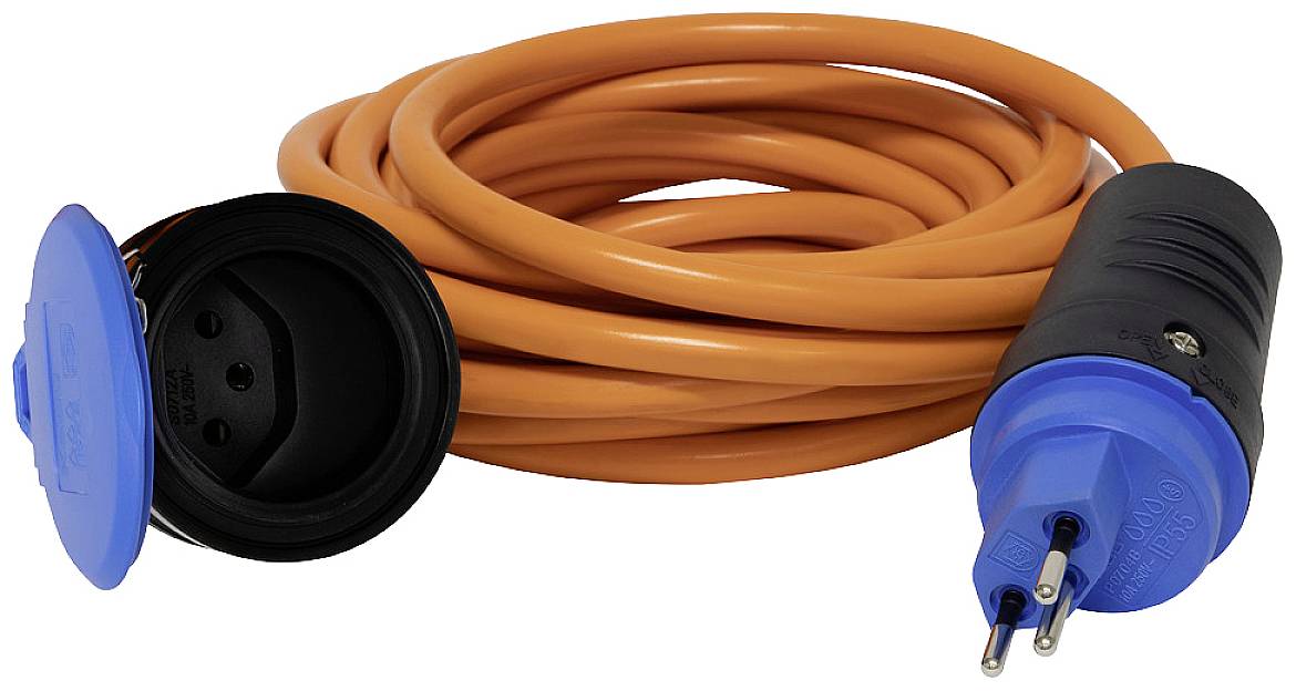 Un câble de rallonge orange avec une prise bleue et une fiche noire. Adapté pour une utilisation en extérieur.