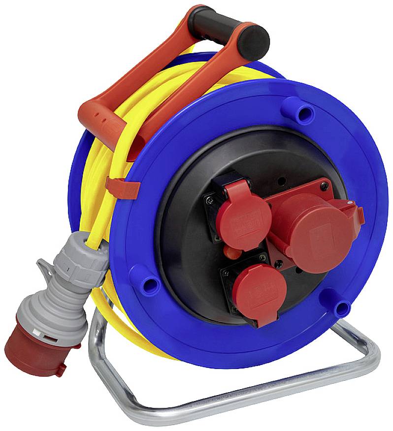 Un dispositif de bobine de câble bleu avec un câble jaune et des prises rouges. Il est posé sur un support métallique.