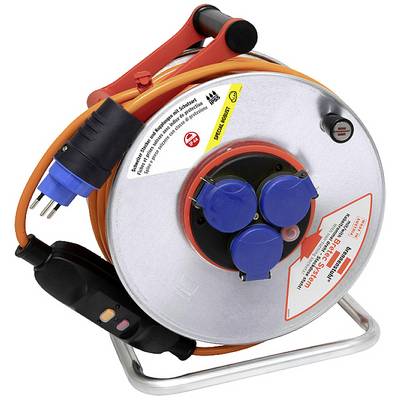 Un enrouleur de câble avec plusieurs prises électriques et un interrupteur marche/arrêt. Adapté pour une utilisation en extérieur.
