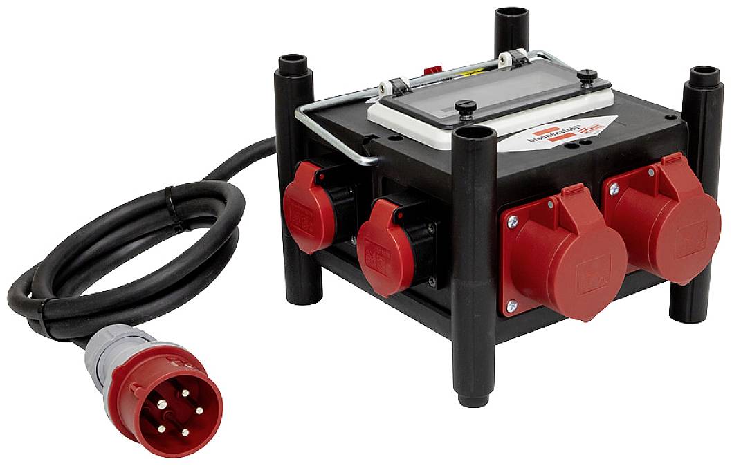 Répartiteur électrique noir avec quatre prises rouges et un câble noir connecté avec une fiche rouge.