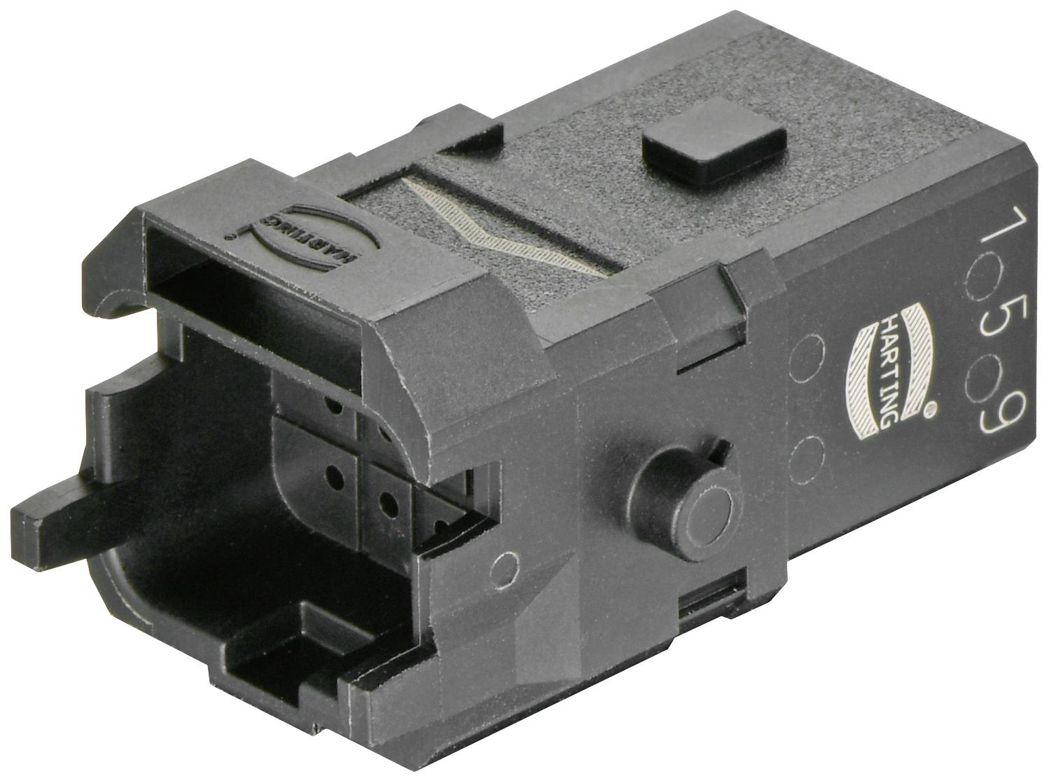 Un boîtier de connecteur noir, de forme rectangulaire, avec le logo de 'HARTING' sur le côté et des découpes pour les broches de connexion.