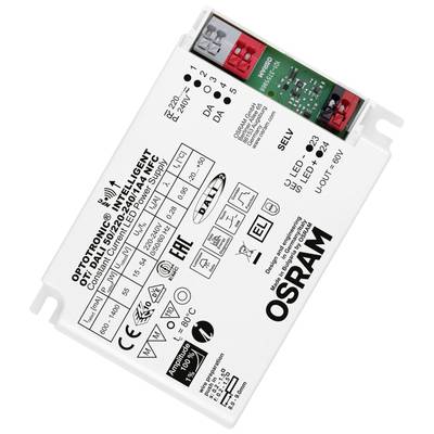 Un pilote LED d'Osram avec des spécifications techniques et des connexions pour le contrôle des unités d'éclairage LED. Les caractéristiques d'identification visuelle et les certifications de sécurité sont représentées.