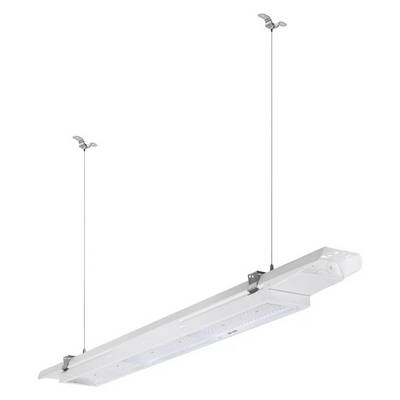 Une lampe LED rectangulaire blanche, suspendue par deux câbles fins, avec des supports métalliques en haut, sur un fond blanc.