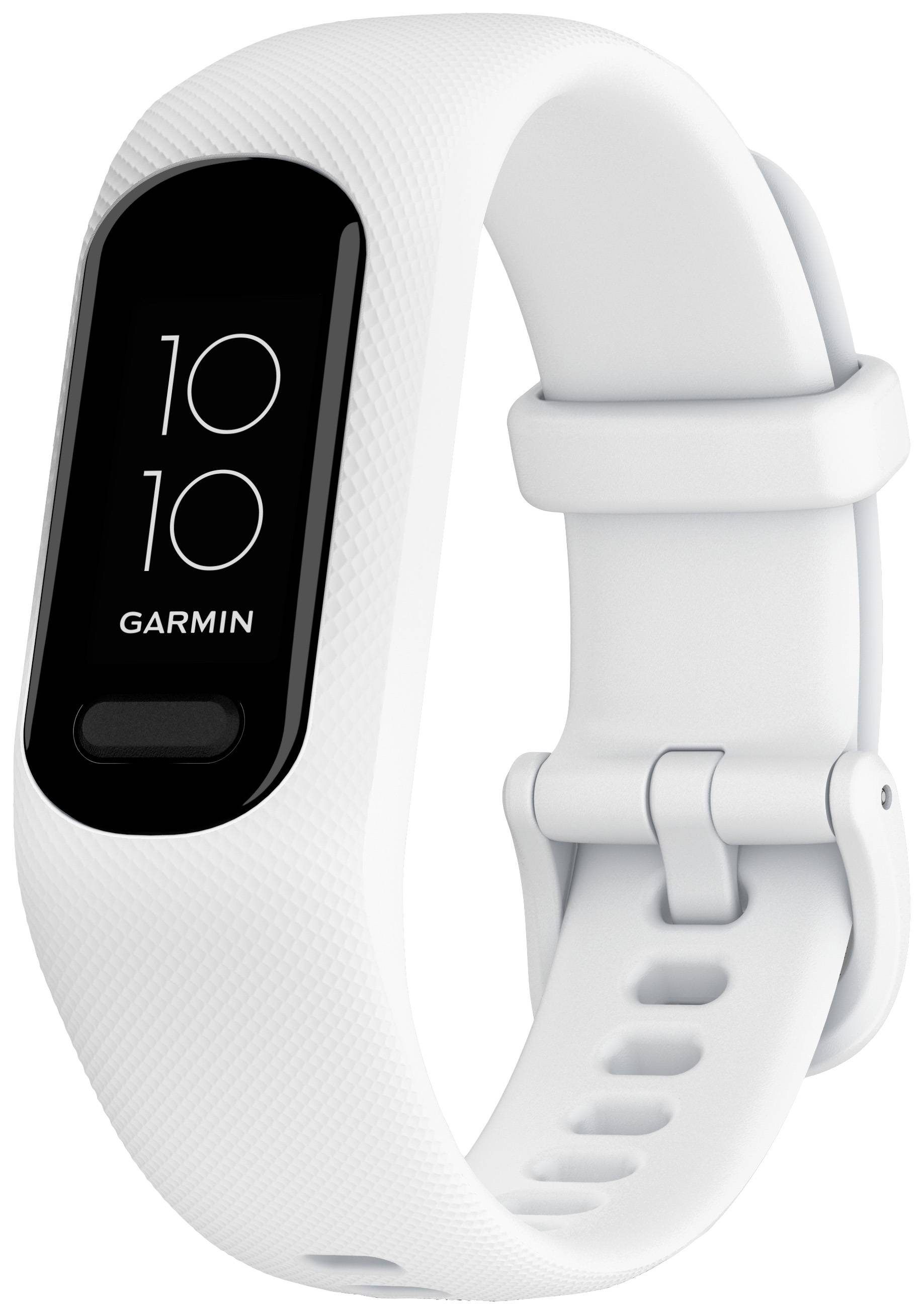 Un bracelet de fitness blanc avec un écran numérique affichant '10:10'. Le nom de la marque 'Garmin' est visible sur l'écran. Adapté pour le suivi de l'activité physique.