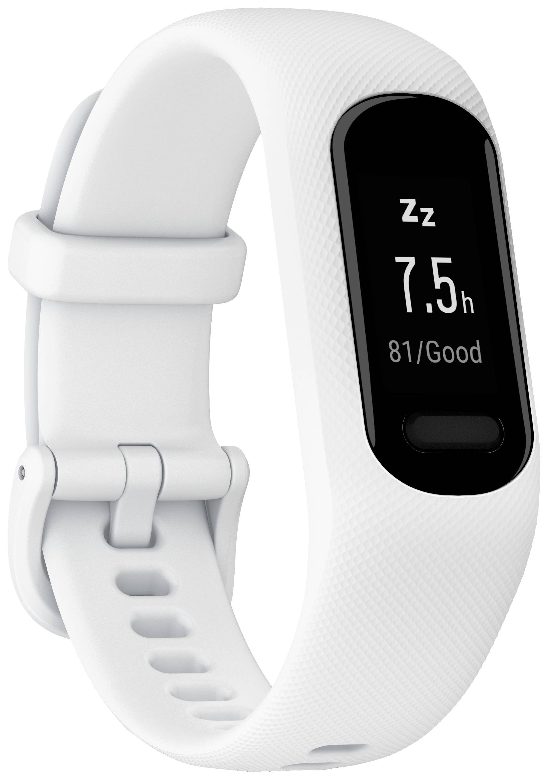 Une montre de fitness blanche affiche '7,5 h' avec un symbole 'Zz' sur l'écran, en dessous duquel est inscrit '81/Good', probablement des données sur la qualité du sommeil.