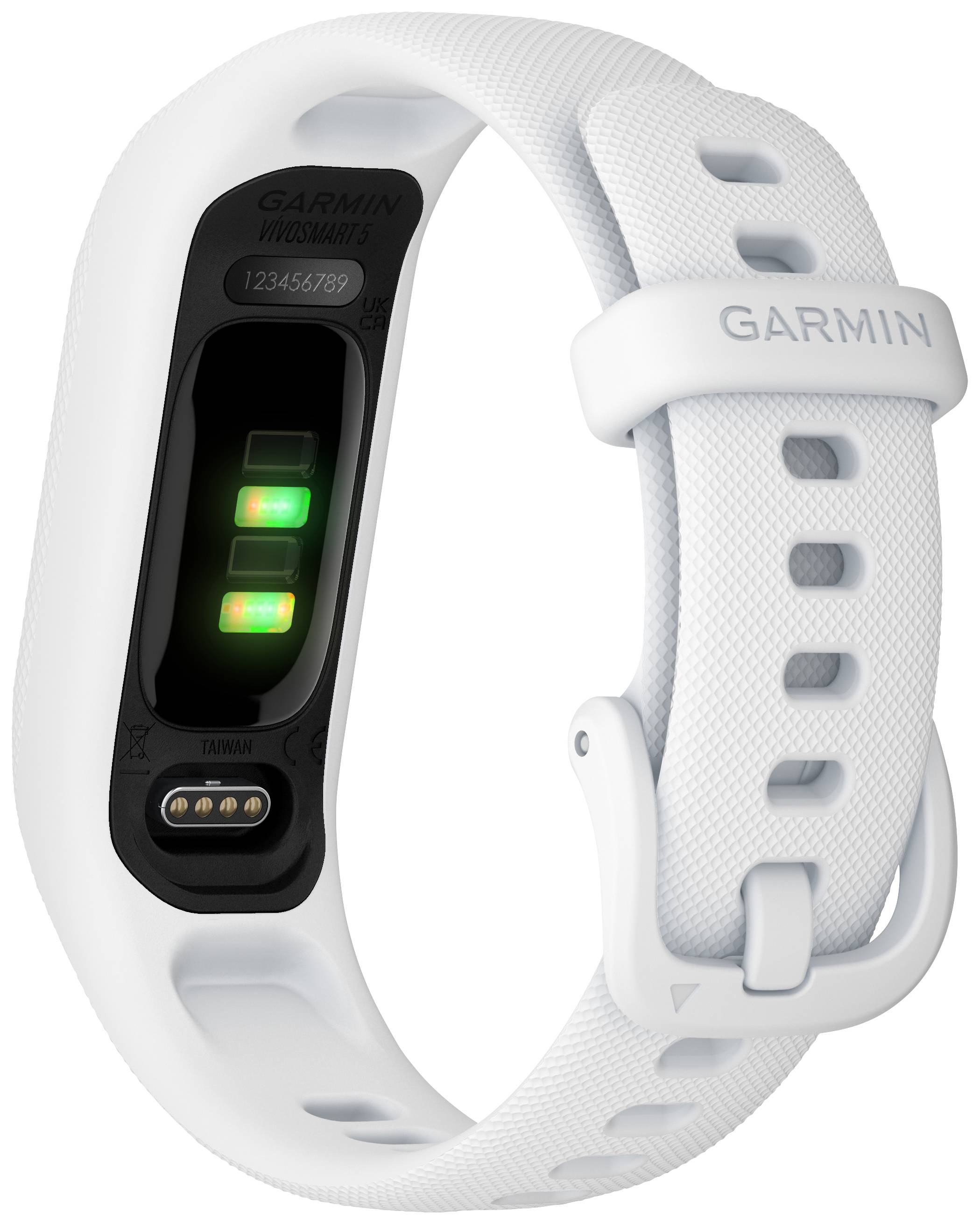 Un bracelet de fitness blanc avec des capteurs à l'arrière. Idéal pour le suivi de la santé et de la forme physique.