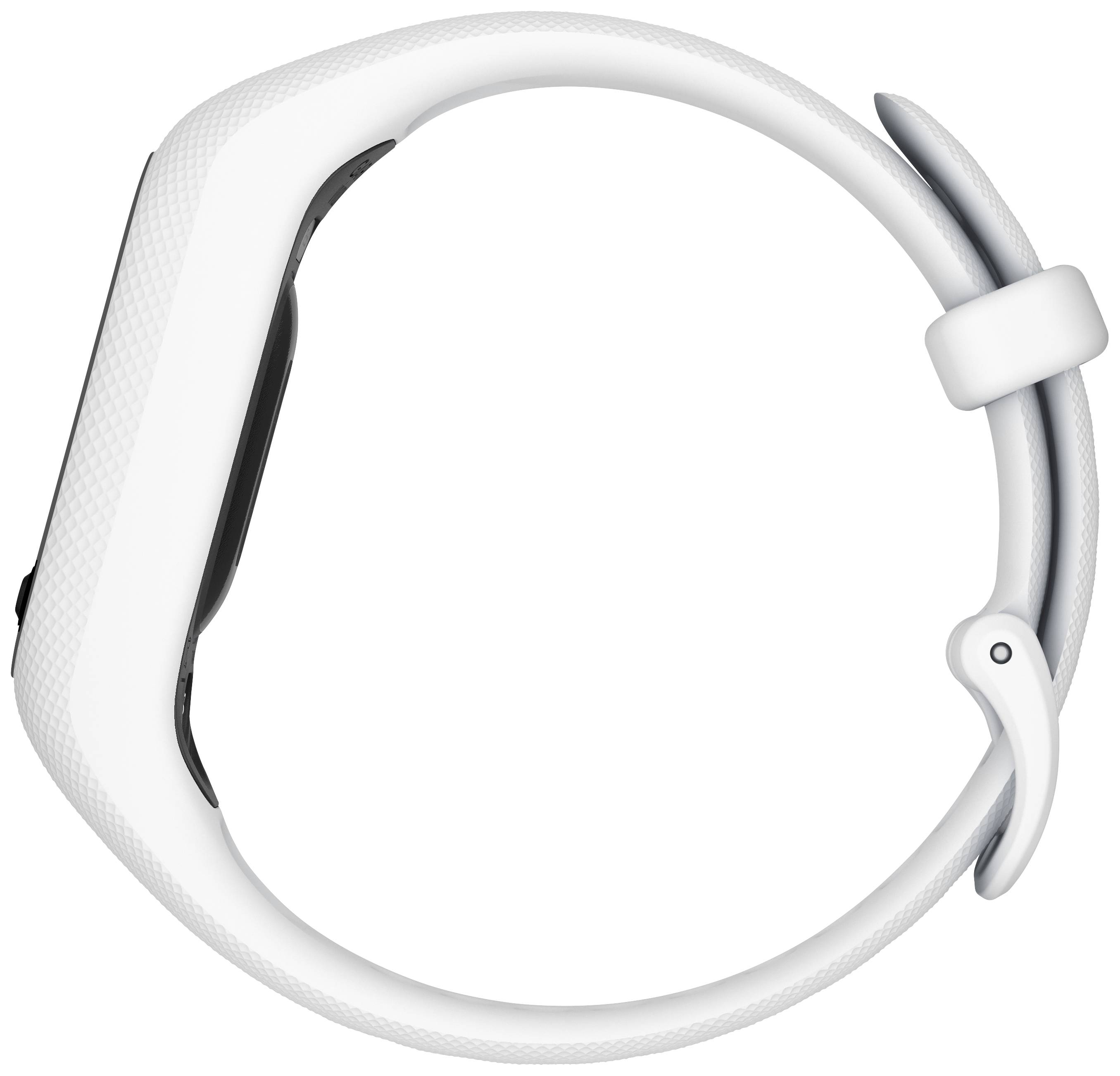 L'illustration montre un bracelet de montre connectée blanc, vu de côté, avec une boucle permettant d'ajuster la taille.