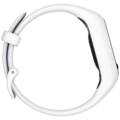 Une montre connectée blanche avec un bracelet blanc, vue de côté. Elle arbore un design lisse et moderne avec un écran rectangulaire.