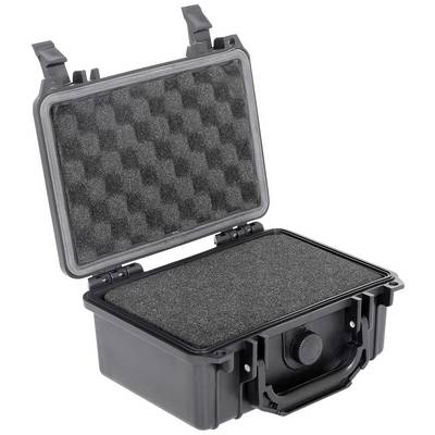 Valise rigide noire en plastique, ouverte. Le couvercle est doublé d'une mousse de protection pour un rangement sécurisé des objets.