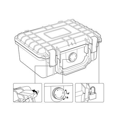 Valise robuste avec serrure à code, présentant des mécanismes de sécurité : fermeture à clips, serrure numérique et dispositif pour cadenas.