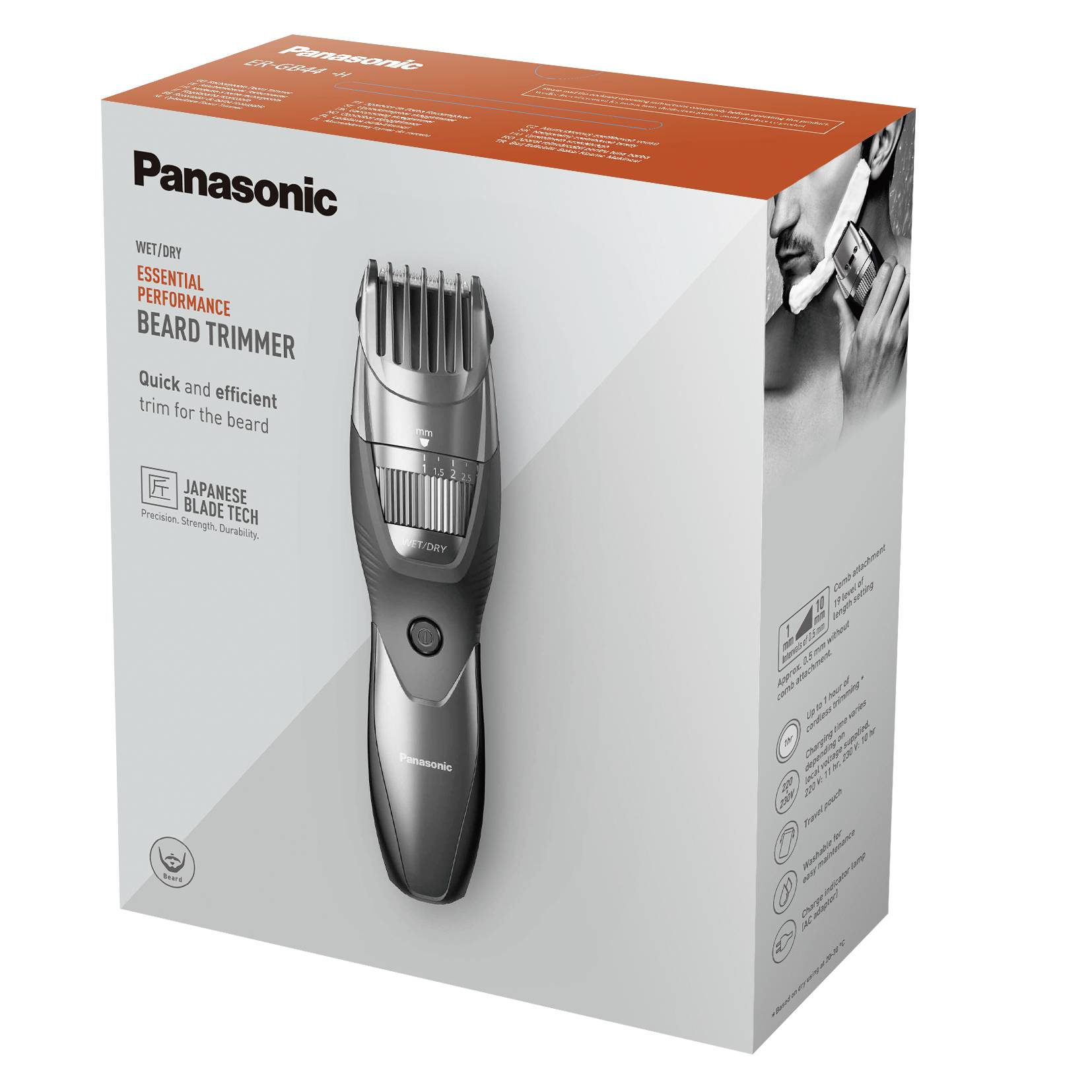 Emballage d'un tondeuse à barbe Panasonic de couleur argent. Promue pour une coupe de barbe rapide et efficace, utilisable à sec ou sous l'eau.