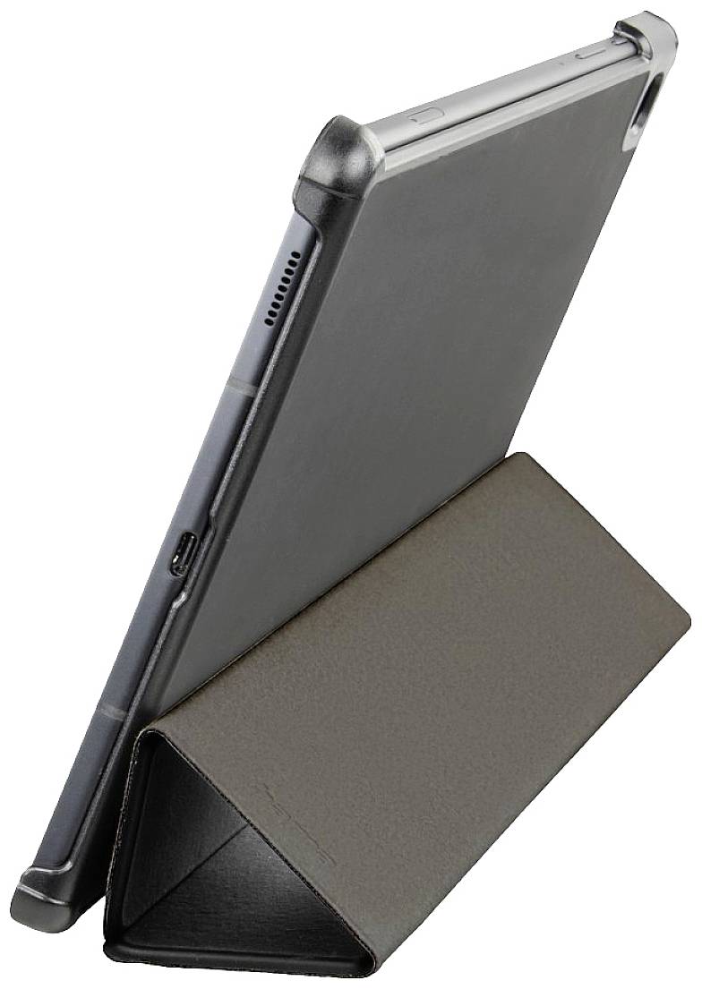 Une tablette avec une housse de protection grise est posée légèrement inclinée sur une table. La housse est pliée de manière à servir de support.