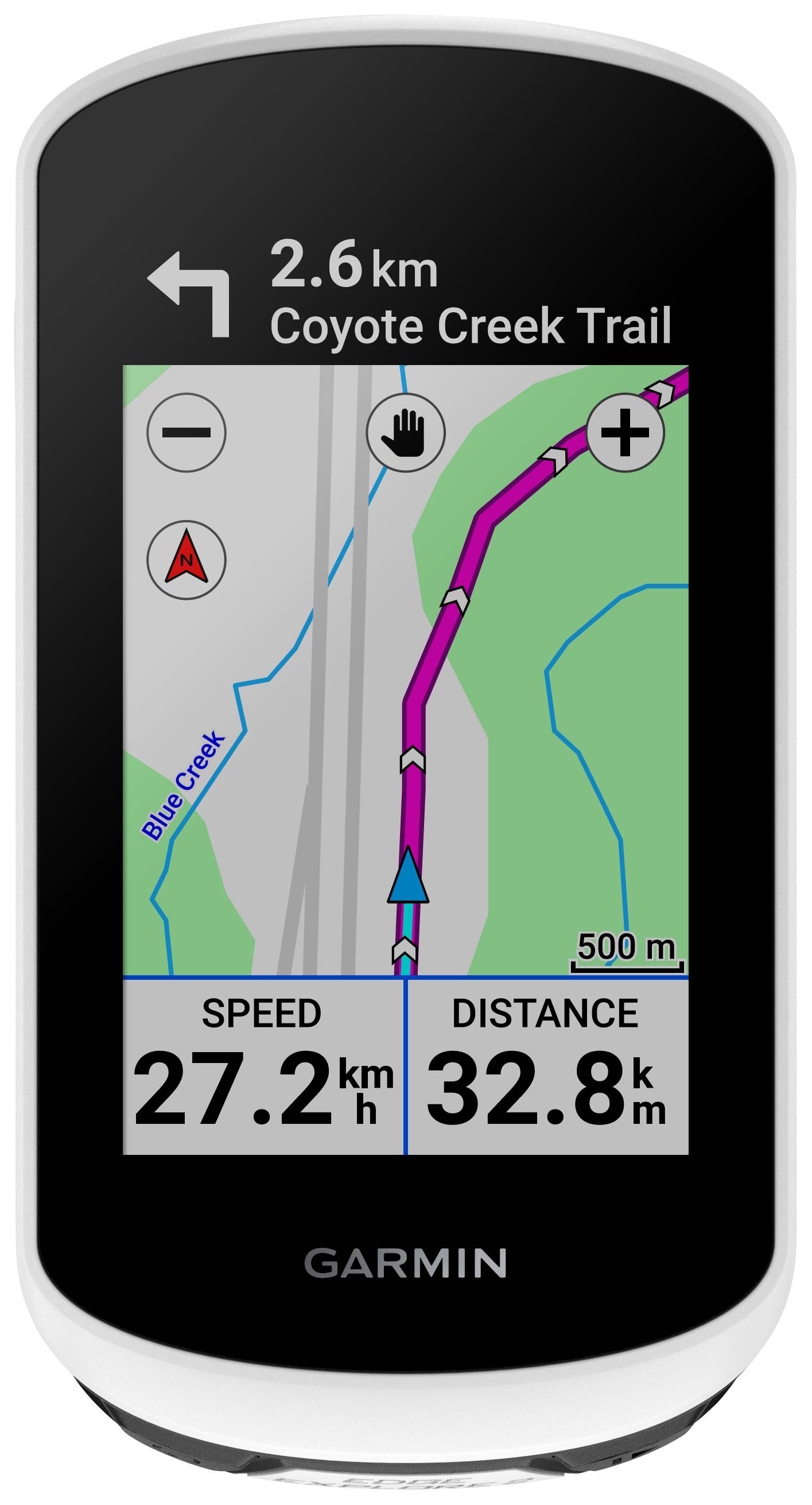 Le GPS indique un itinéraire vers le 'Coyote Creek Trail' dans 2,6 km. Vitesse affichée 27,2 km/h, distance parcourue 32,8 km.