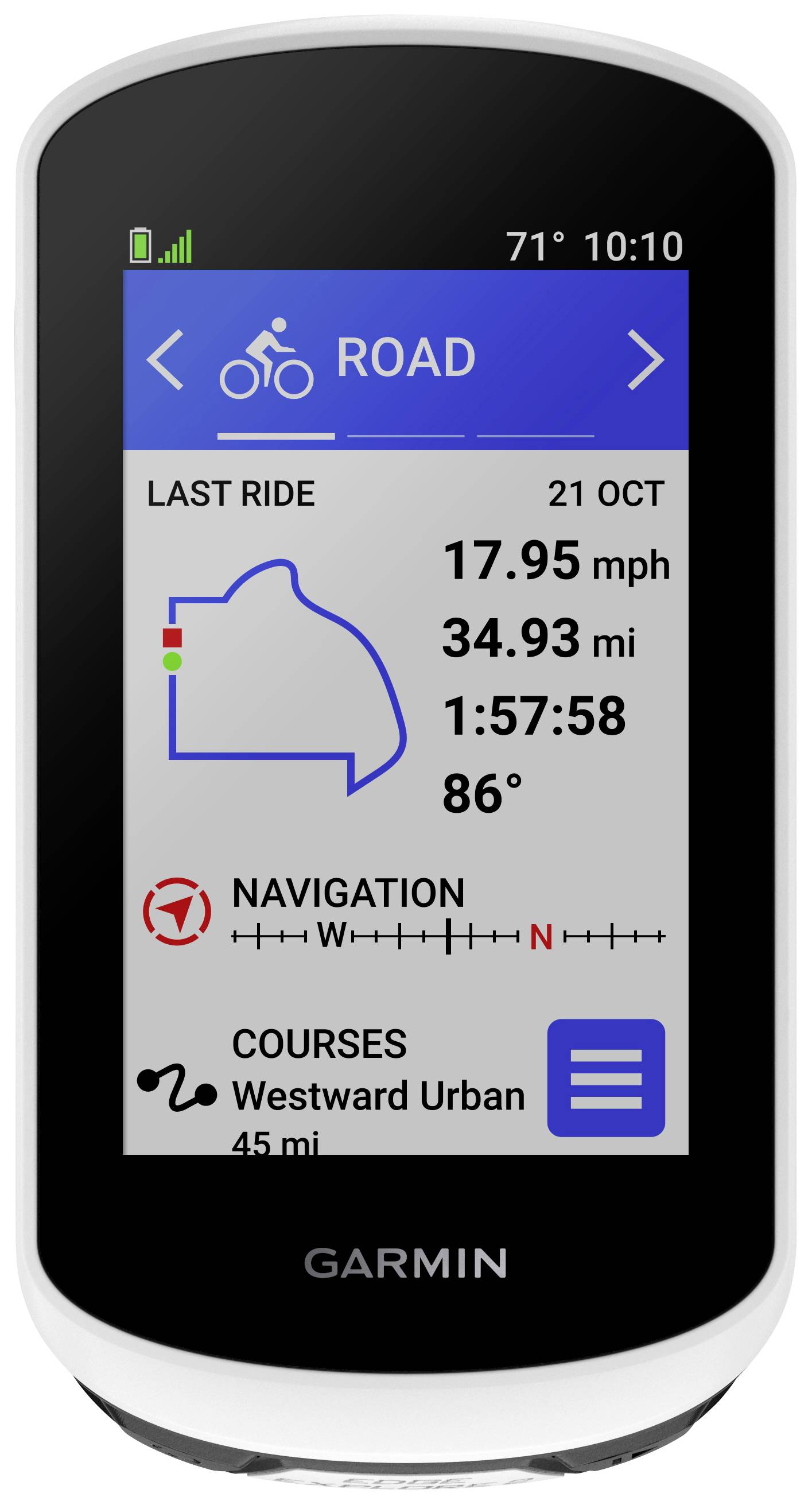 Un appareil Garmin affiche des données cyclistes : dernière sortie 34,93 mi, vitesse 17,95 mph, temps 1:57:58, température 86°F. Navigation ci-dessous.