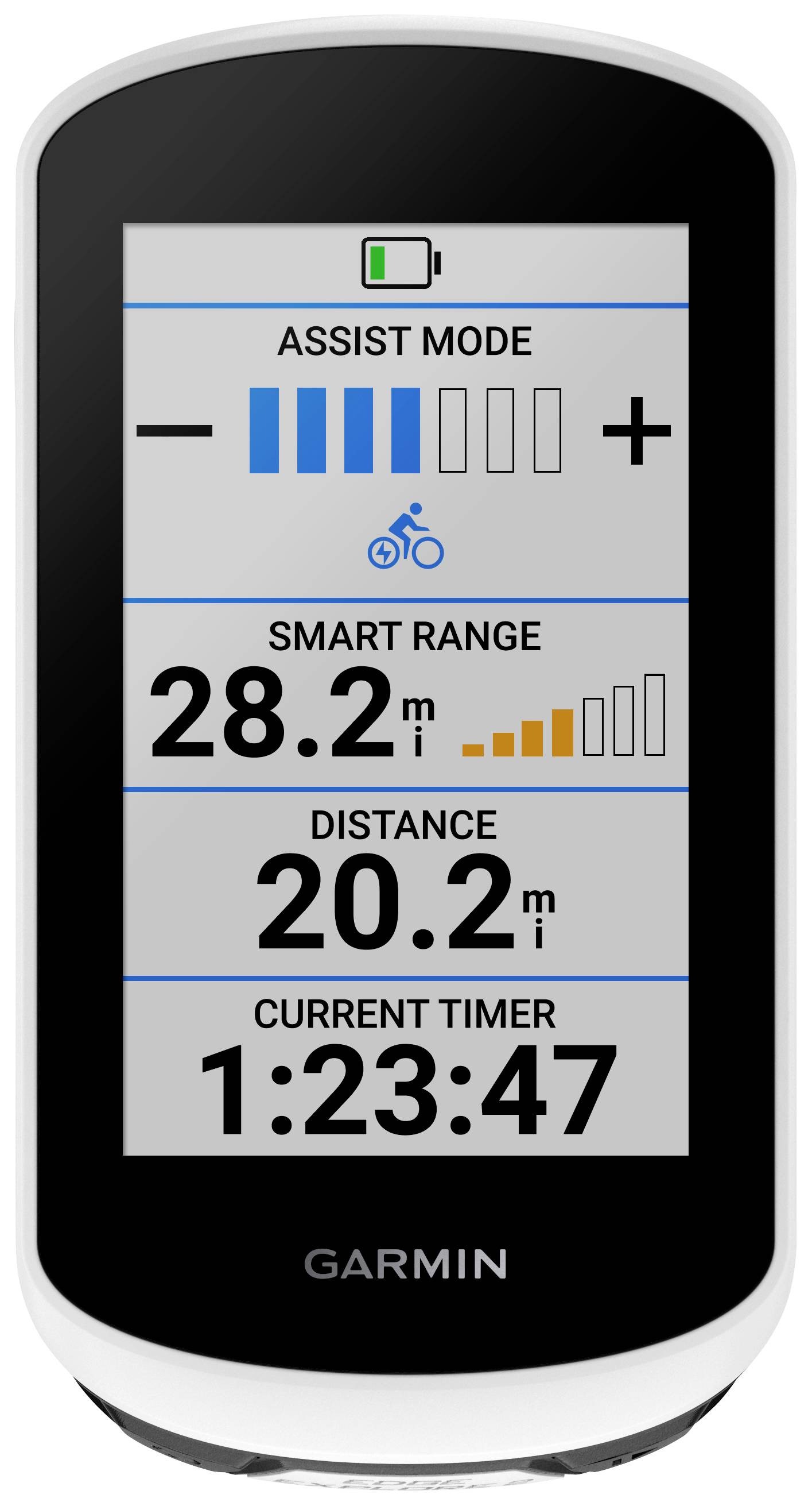 Écran de l'ordinateur de bord d'un vélo affichant 'Mode Assistance', 'Autonomie intelligente' avec une autonomie restante de 28,2 miles, 'Distance' 20,2 miles et 'Compteur actuel' 1:23:47.