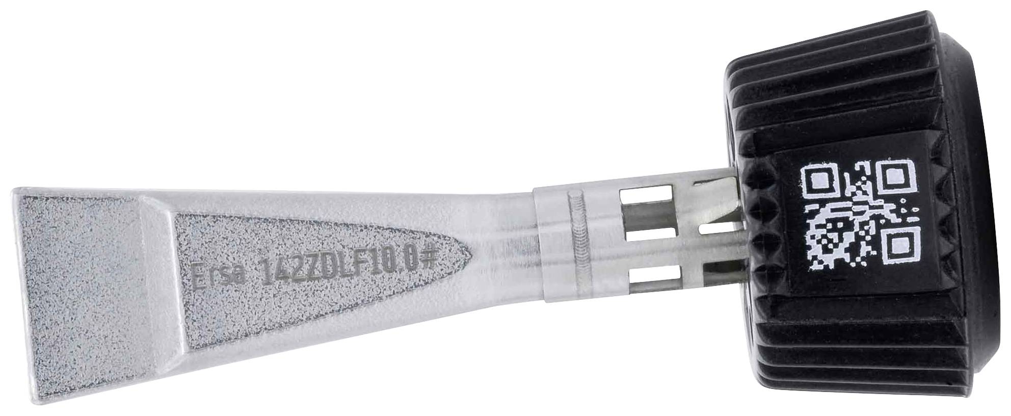 Un grattoir à glace gris avec une poignée noire et un code QR, adapté pour enlever la glace et la neige des vitres de voiture.