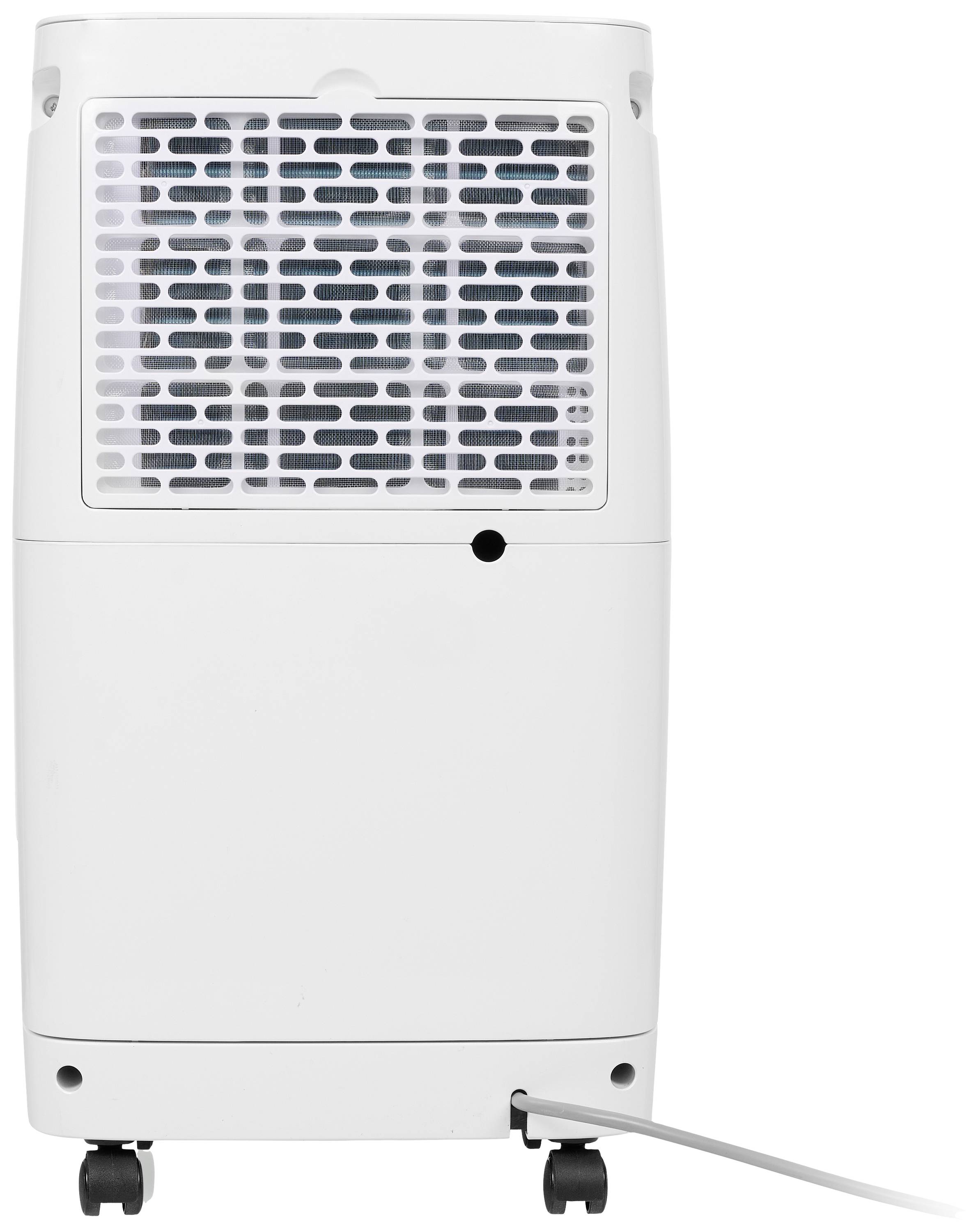 Un déshumidificateur blanc sur roulettes ; la face avant présente une grille de ventilation, le câble est situé en bas à droite.
