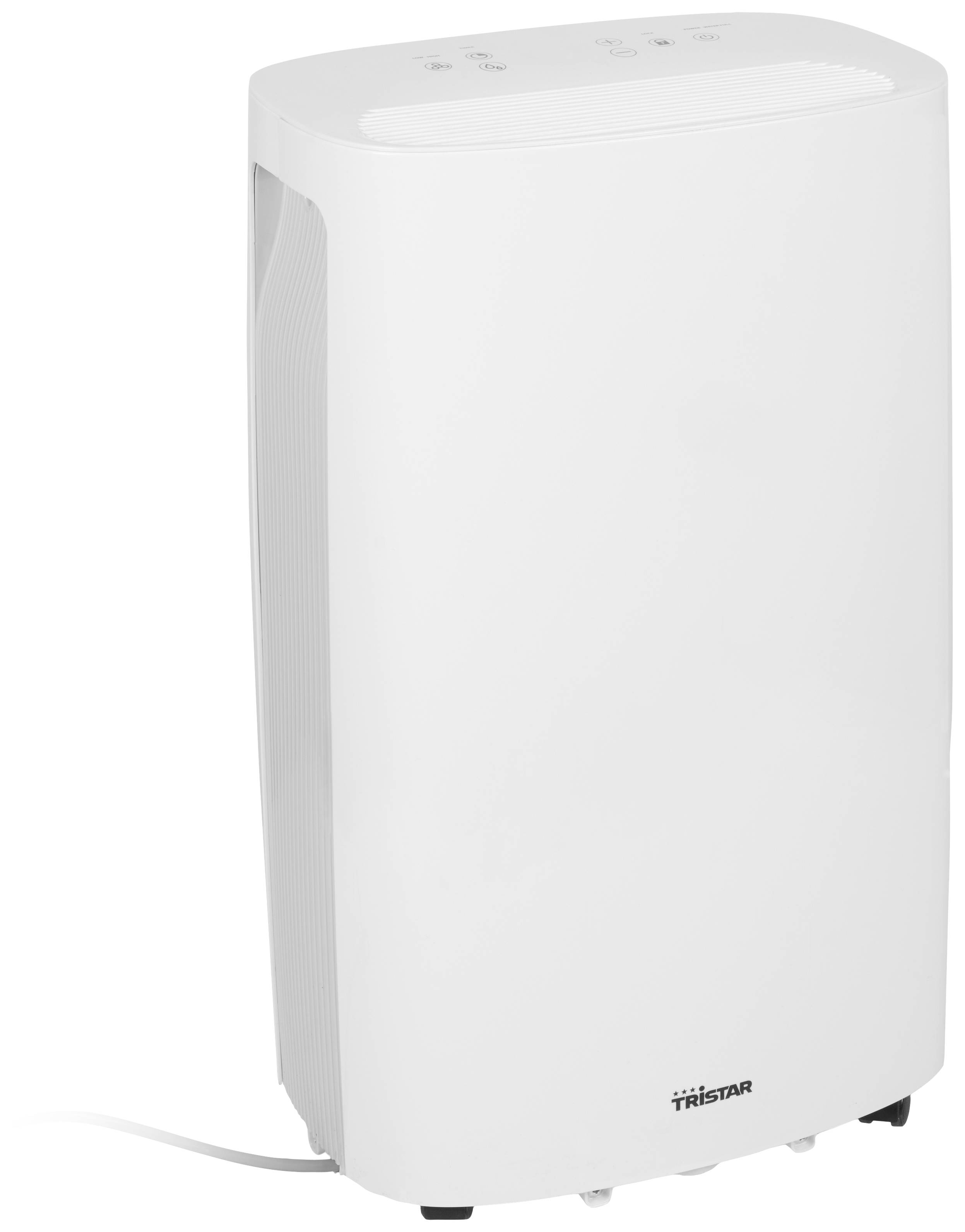 Un déshumidificateur blanc vertical avec des touches de commande sur le dessus. L'appareil est posé au sol et dispose d'un câble d'alimentation.