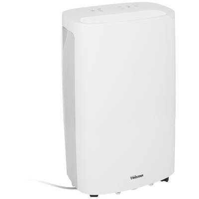 Un déshumidificateur blanc vertical avec des touches de commande sur le dessus. L'appareil est posé au sol et dispose d'un câble d'alimentation.