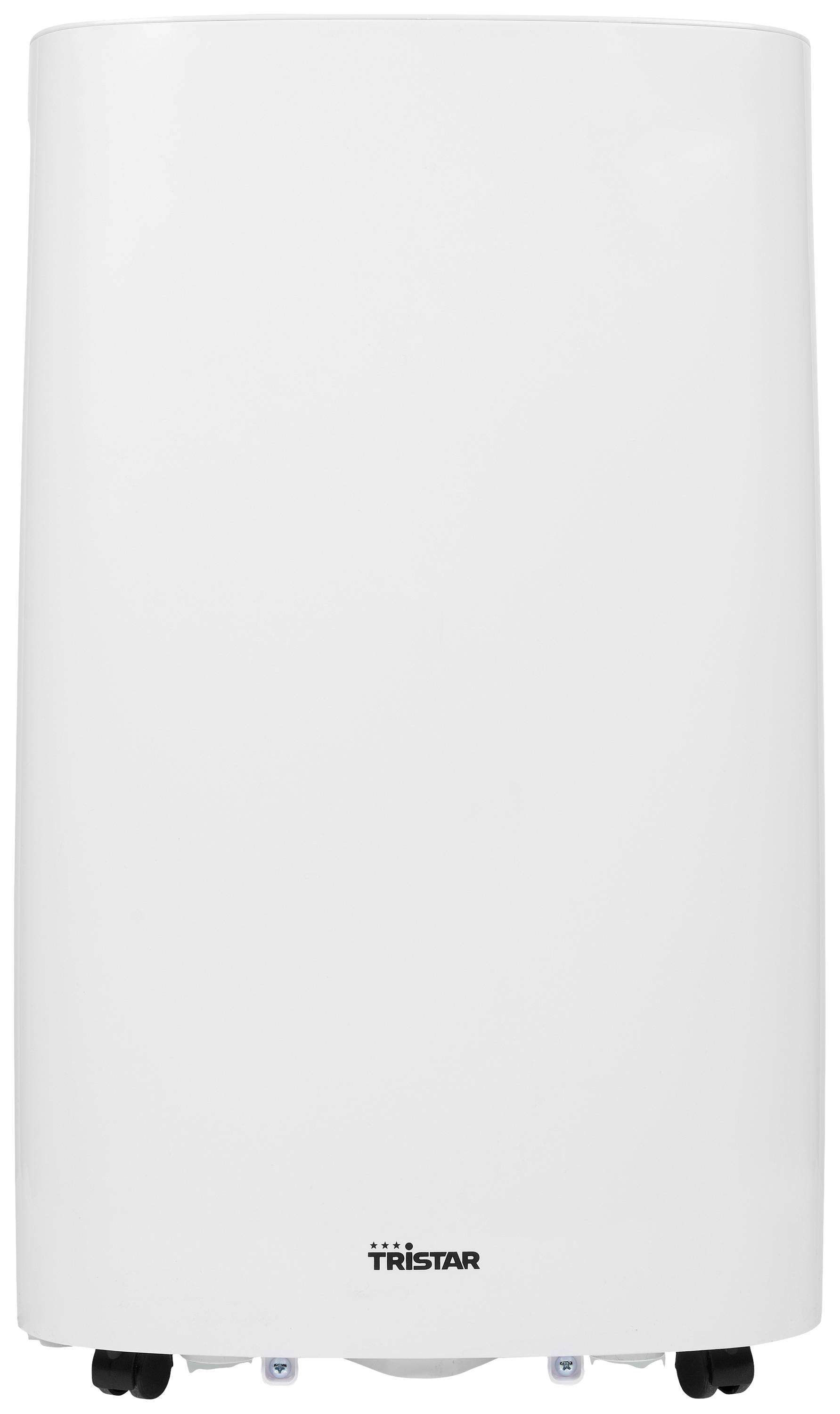 Un déshumidificateur blanc rectangulaire portant l'inscription 'Tristar' au bas, repose sur de petites roulettes.