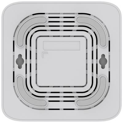 Un appareil rectangulaire blanc avec des coins arrondis. Des fentes de ventilation et des motifs de lignes symétriques sont présents au centre.
