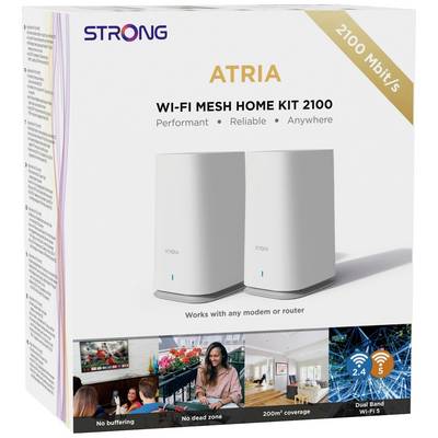 Kit Domestique Mesh Wi-Fi ATRIA 2100 Mbps avec deux appareils blancs. Promet 'Performance', 'Fiabilité', 'Partout'. Compatible avec tous les modems ou routeurs.