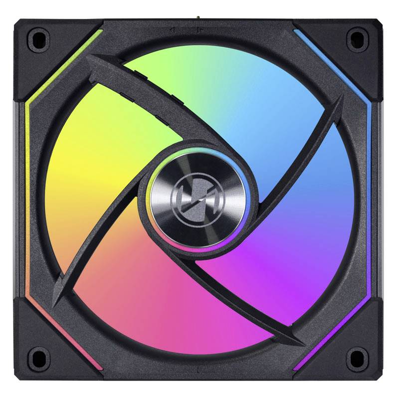 Un ventilateur d'ordinateur RGB avec des couleurs lumineuses dans un cadre carré noir, présentant un éclairage dynamique changeant de couleur.