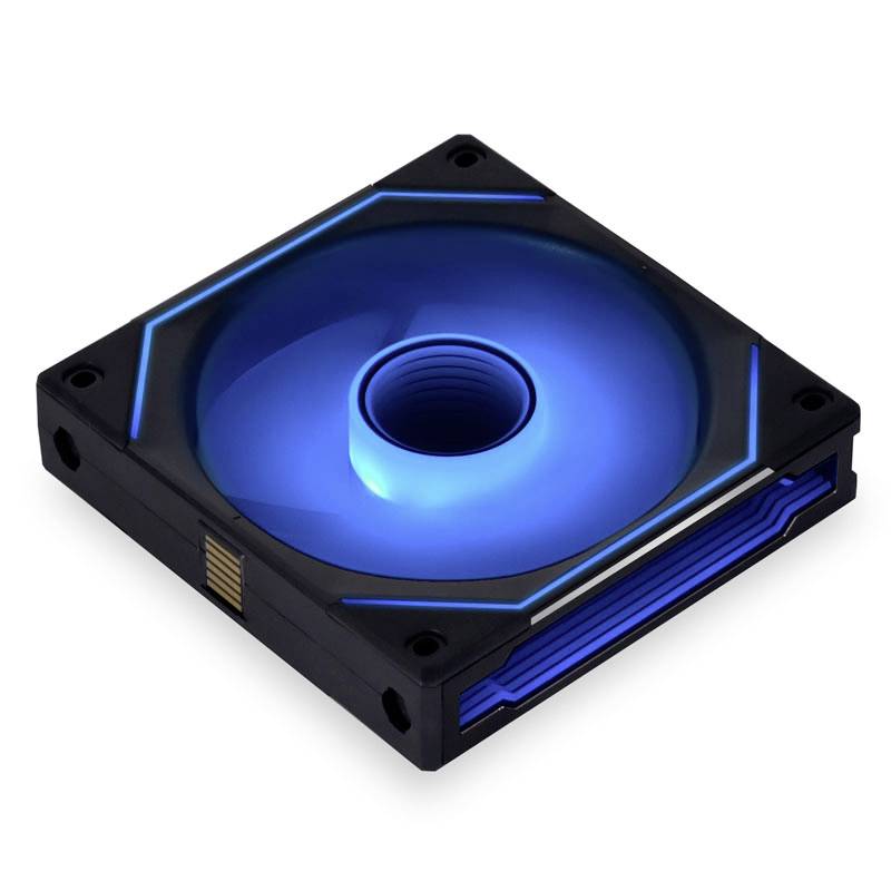 Ventilateur LED bleu dans un boîtier carré, vu de dessus. Principalement utilisé pour refroidir des ordinateurs ou des appareils électroniques.