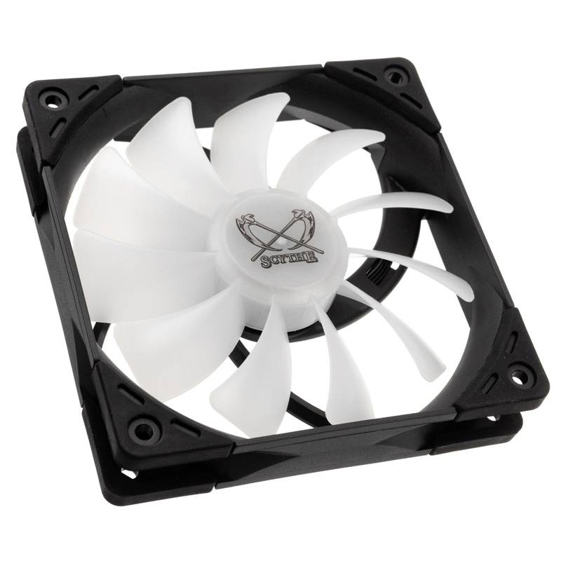 Un ventilateur noir pour ordinateur de Scythe avec neuf pales blanches, compatible avec un montage dans un cadre carré.
