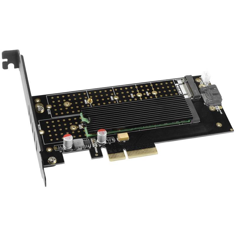 Une carte d'extension PCIe avec un logement pour un disque SSD M.2. Elle dispose de connecteurs et de composants électroniques.