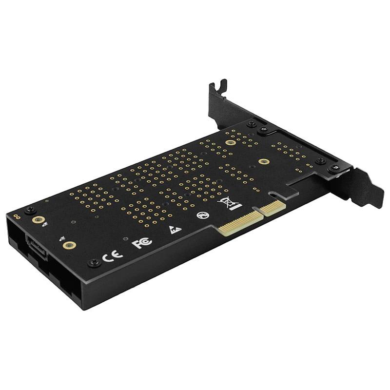 Une carte d'extension PCIe noire avec différentes interfaces et étiquettes, incluant les marques CE et FCC.