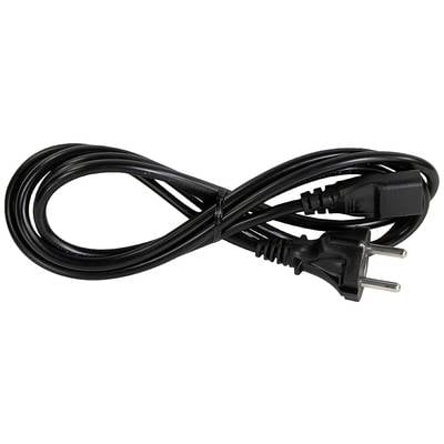 Un câble réseau noir avec une fiche Schuko d'un côté et une connexion pour appareil froid de l'autre, enroulé.