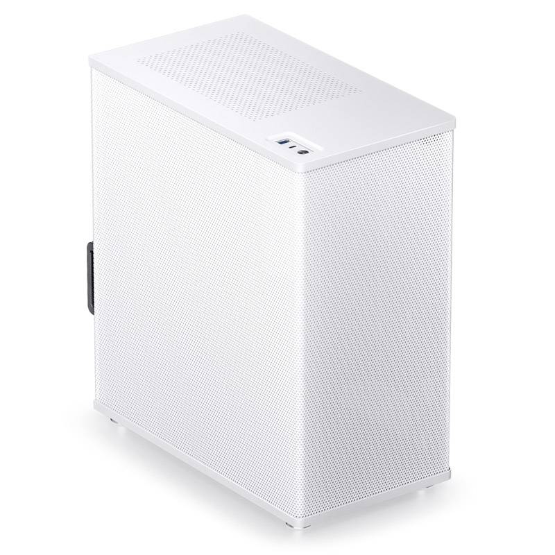 Un boîtier PC tour blanc rectangulaire avec des côtés perforés et des ports USB sur le dessus.