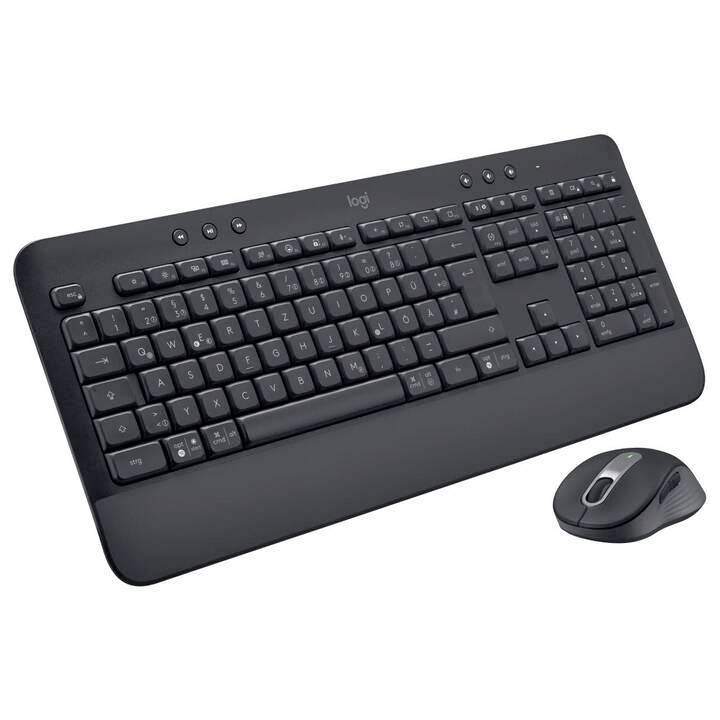 Clavier d'ordinateur noir sans fil à côté d'une souris sans fil.