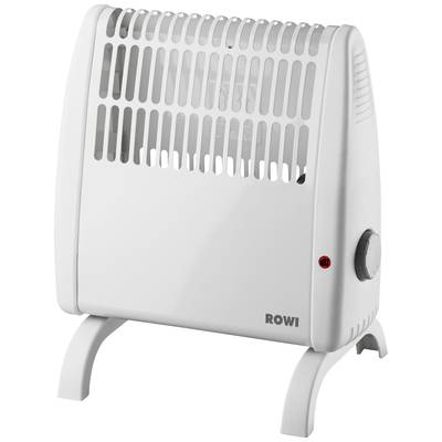 Radiateur électrique blanc avec fentes de ventilation et bouton rotatif sur le côté. Marquage 'ROWI'.