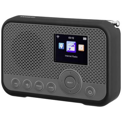 Radio portable Internet noir avec un petit écran, affichant l'heure '03:12' et des icônes d'applications. Touches de volume et de sélection de station en bas.