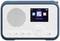 Un poste de radio portable bleu et blanc avec écran affichant des symboles. Il comporte des touches pour le réglage et le contrôle.