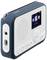 Radio portable bleu et blanc avec écran, grille de haut-parleur et boutons de commande, comprenant un réglage du volume et une touche de réinitialisation.