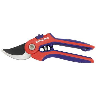 Sécateur rouge et bleu avec lame noire et mécanisme à ressort, adapté pour la coupe des plantes.