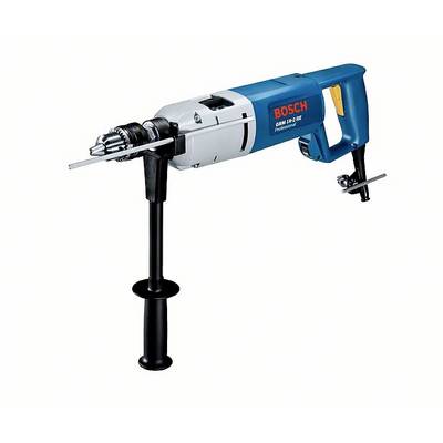 Perceuse électrique avec boîtier bleu, poignée latérale et adaptateur de foret. Inscription 'Bosch GSB 162-2 RE Professional'.