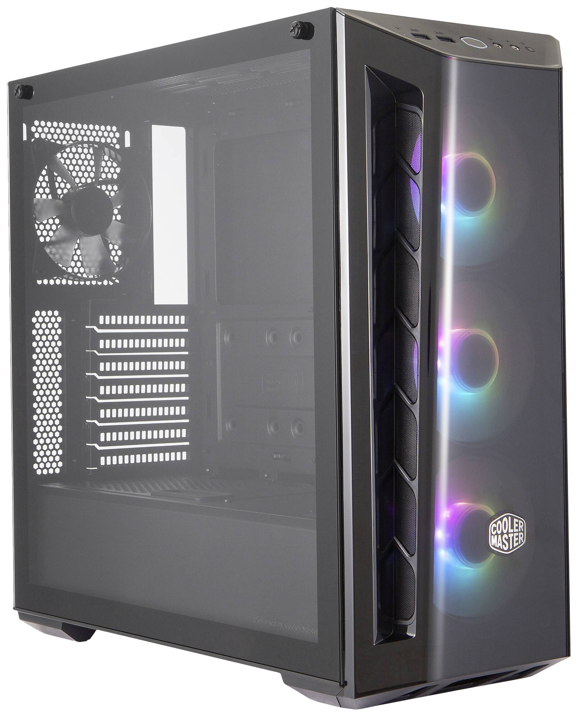 Boîtier PC vide avec fenêtre latérale et éclairage RVB ; vue de face. Boîtier de Cooler Master.