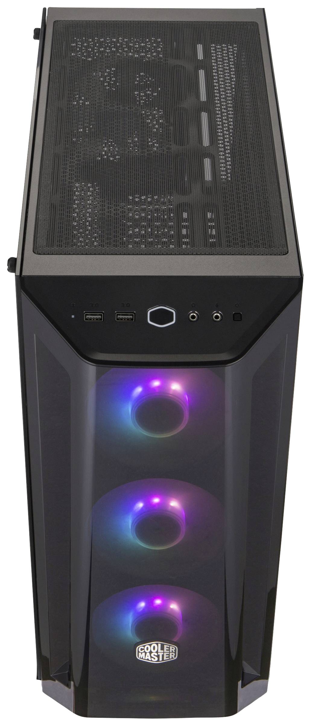 Un boîtier d'ordinateur noir avec un éclairage LED coloré à l'avant, une grille supérieure et des ports USB et audio.
