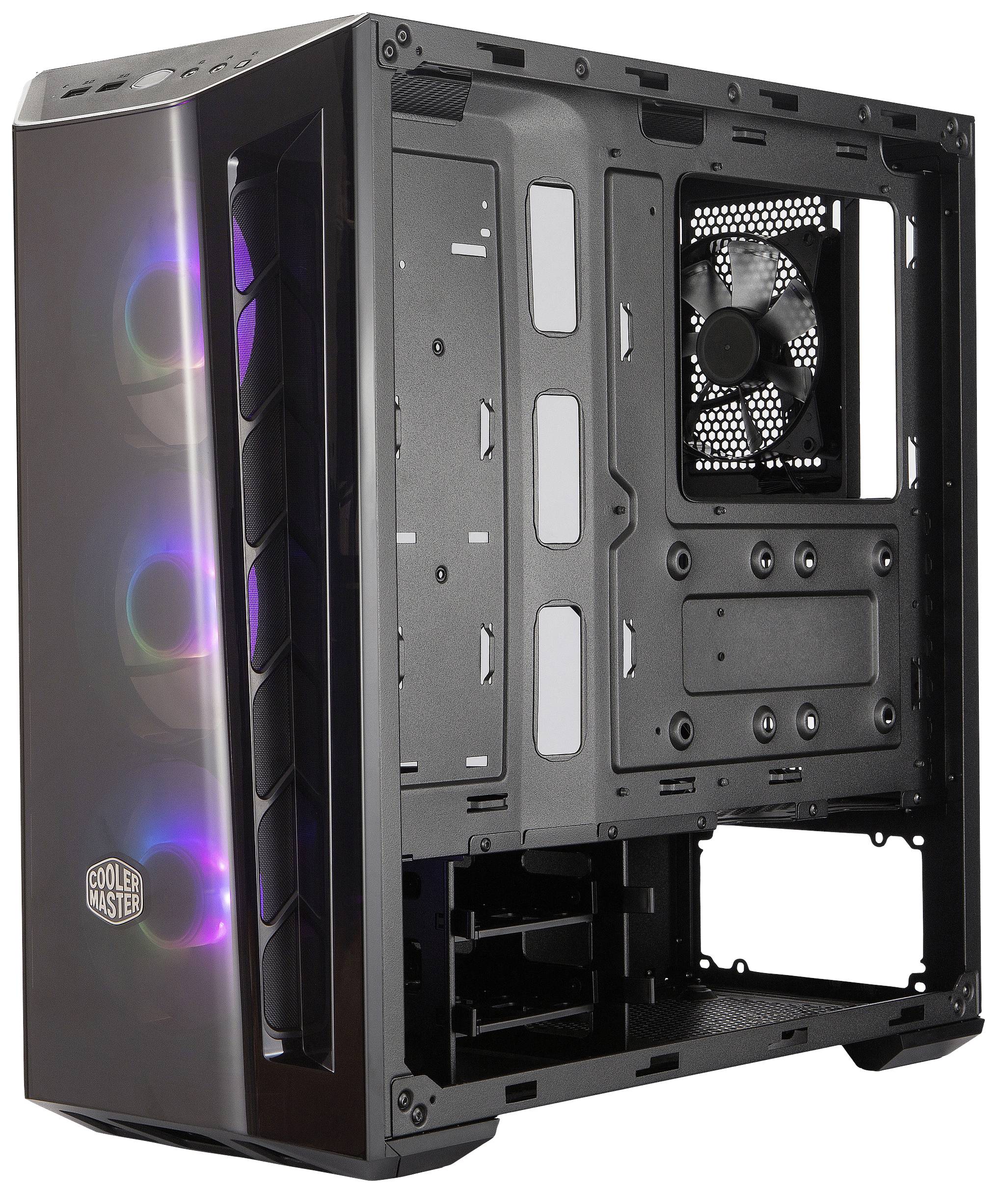 Un boîtier d'ordinateur ouvert avec des ventilateurs intégrés. Il est noir et montre de l'espace pour des composants tels que des disques durs et la carte mère.