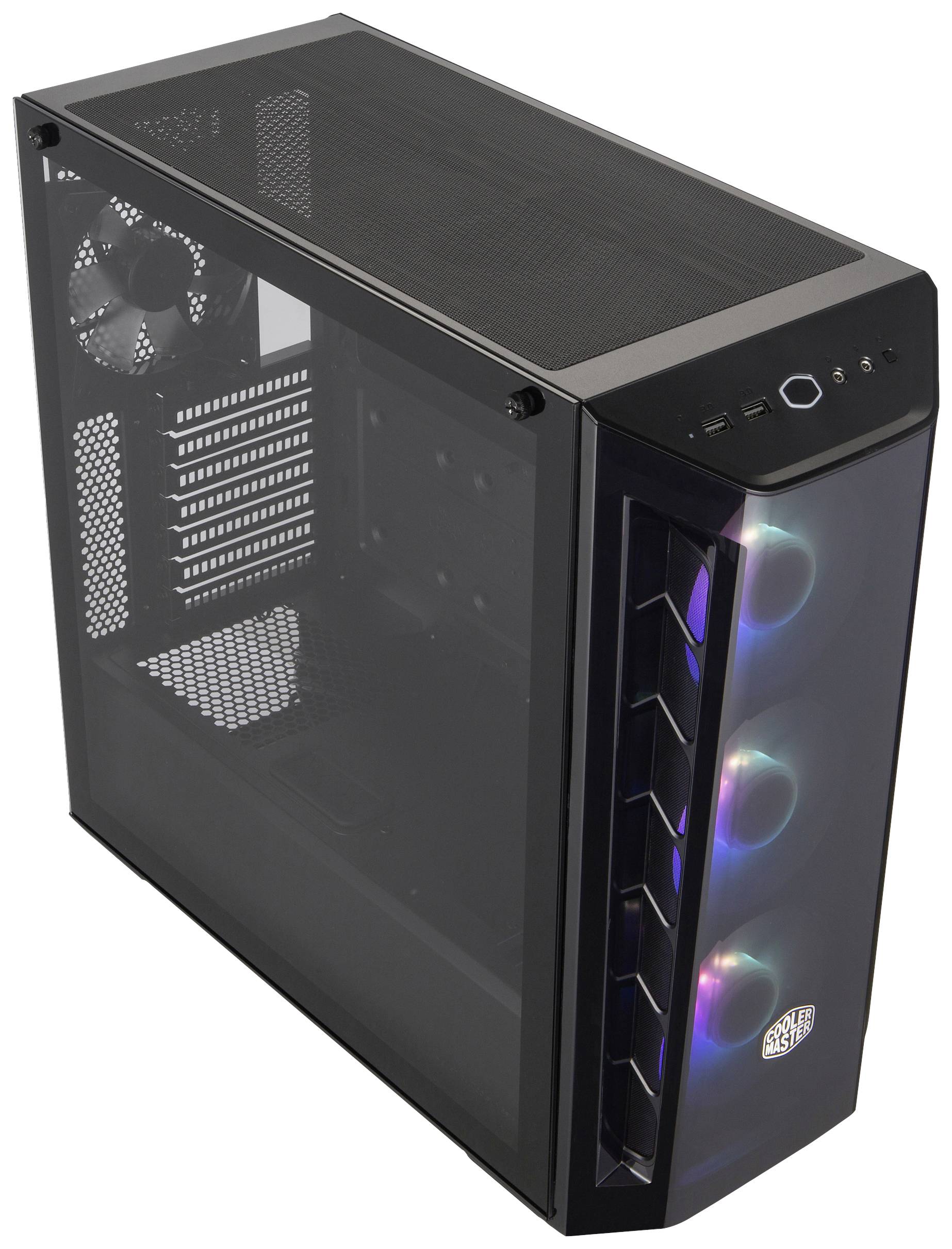 Boîtier d'ordinateur noir avec fenêtre latérale et ventilateurs RGB à l'avant. Plusieurs ports et un bouton d'alimentation sont situés en haut.