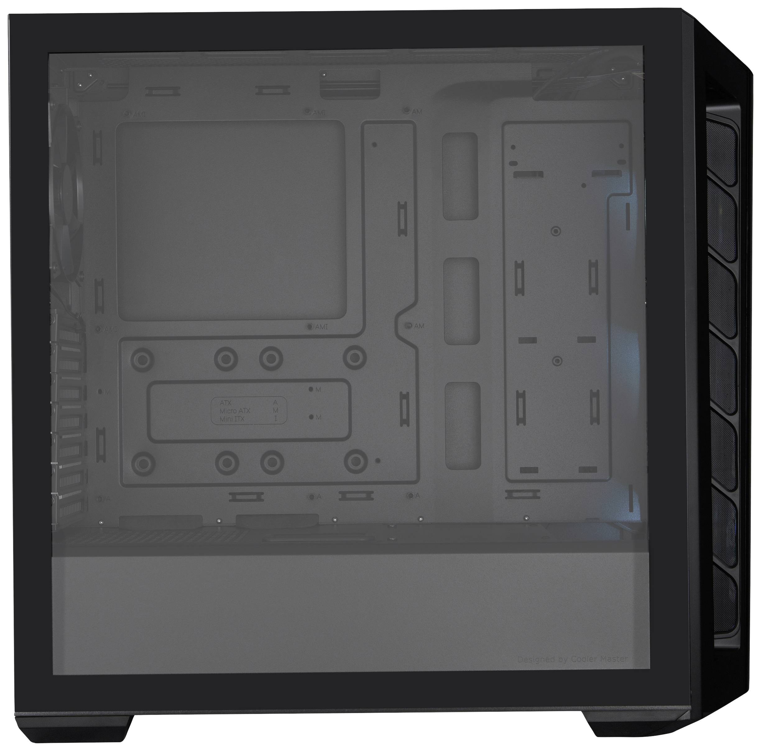 Boîtier d'ordinateur noir avec fenêtre latérale transparente, montrant un intérieur vide avec des rails de montage et des vis, aucun matériel informatique installé.