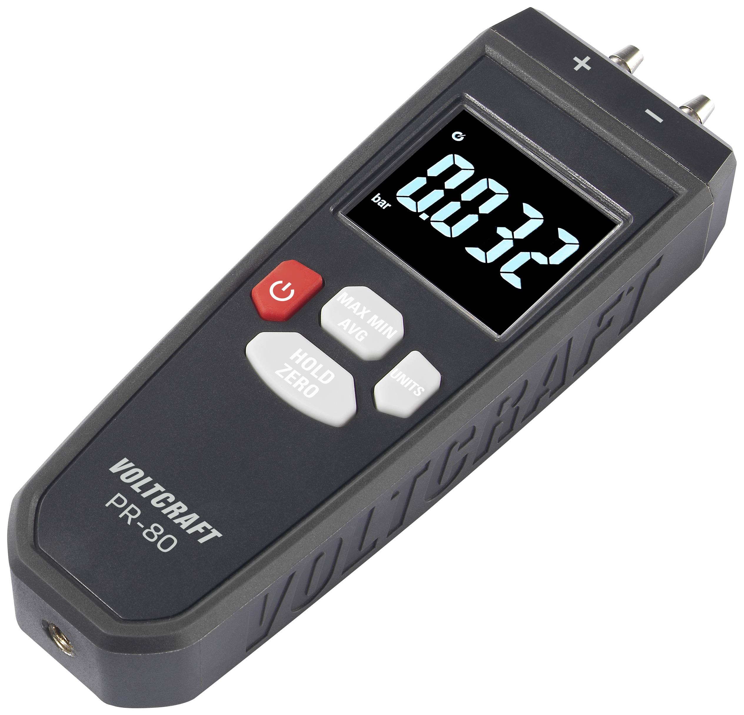 Voltcraft PR-80, appareil de mesure des différences de tension. Affiche la valeur '0,032' sur l'écran, touches pour Max/Min, Maintien, Remise à zéro.