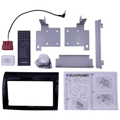 Un kit de montage d'autoradio comprenant une télécommande, des vis de montage, des supports, un cache-radio et un manuel d'utilisation.
