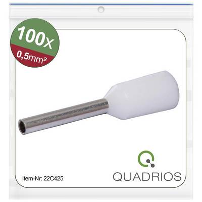 '100x 0,5mm²' sur cercle vert. Image d'une cosse de câble blanche avec tube métallique. L'emballage porte le logo et la référence article '22C425'.