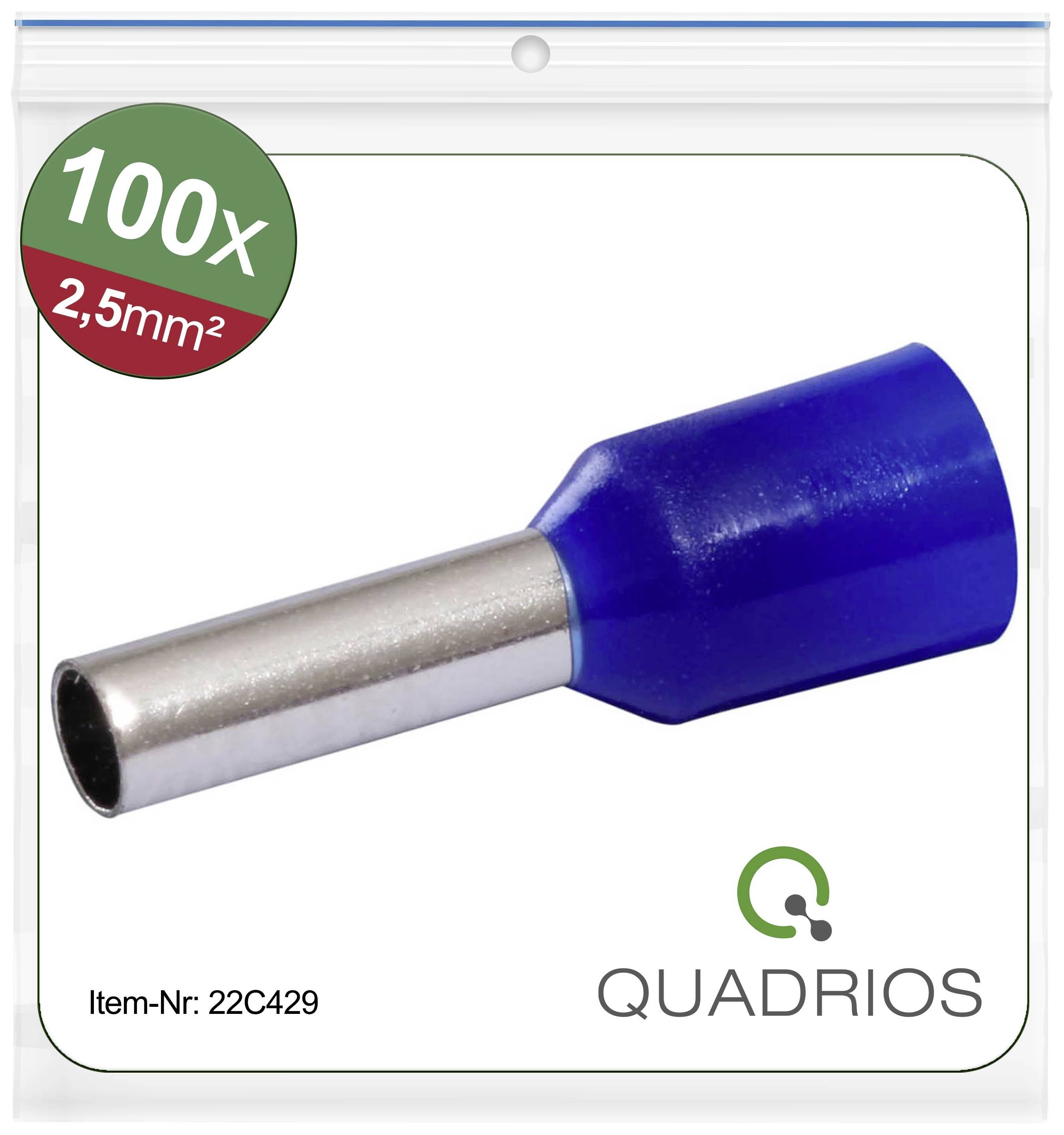 100 cosses de câble bleues, 2,5 mm², numéro de produit 22C429, dans un emballage marqué du logo Quadrios.
