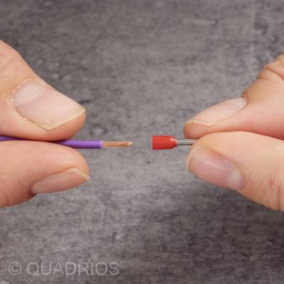 Gros plan sur deux mains tenant un câble avec son âme en cuivre à nu et une pince de raccordement (cosse) rouge.